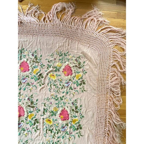 Antique Vintage Piano Shawl Embroidered Pink Silk Art Nouveau LARGE 68”x68” - Picture 8 of 13